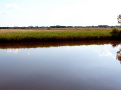 Rätselbild: Blick auf den Ilmenaukanal, die Osterwiesen und Winsen vom Schöpfwerk bei Laßrönne.